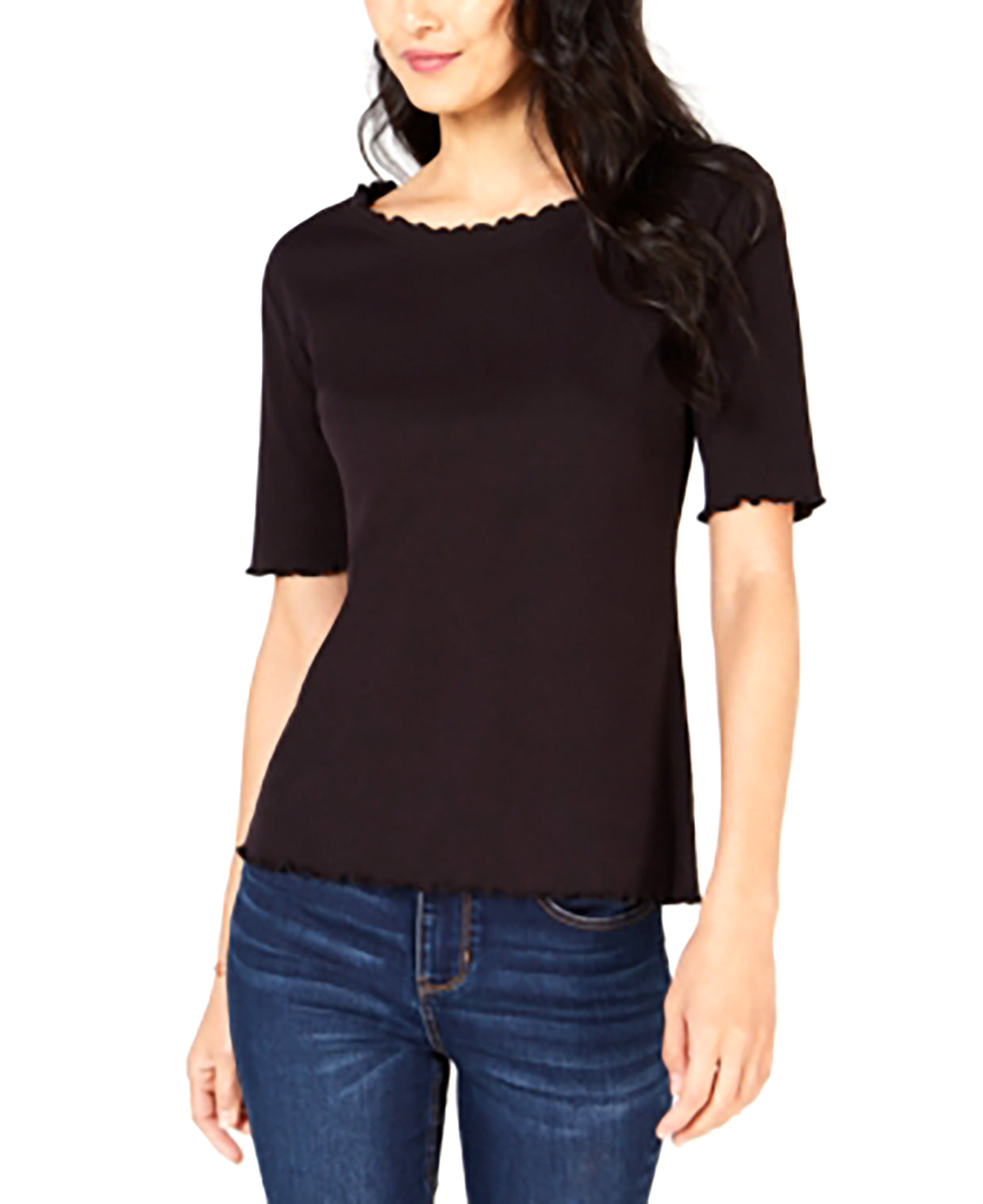 Blusa feminina Maison Jules com decote redondo e manga cotovelo, preta, tamanho XX-G