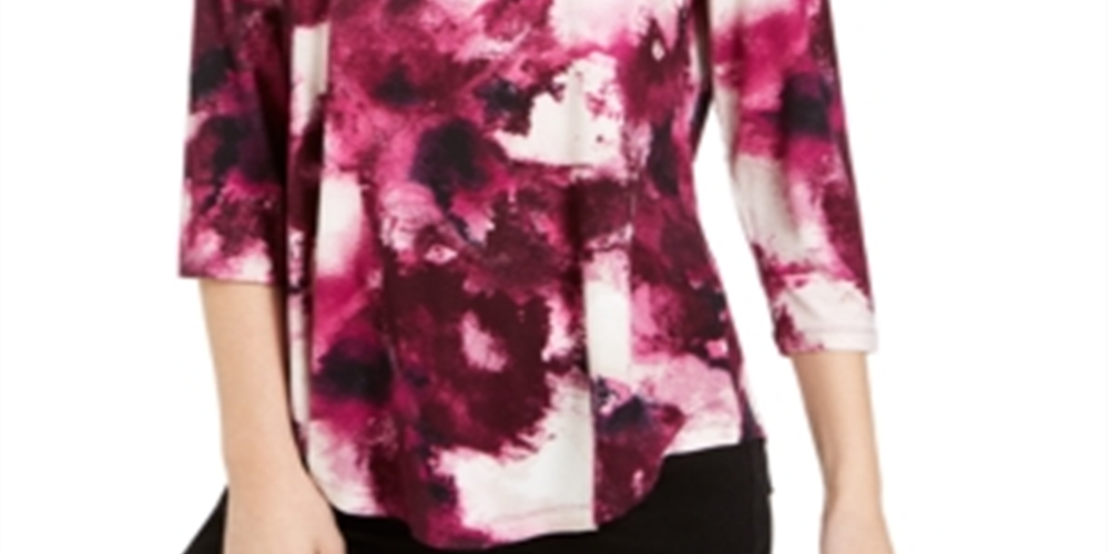 Top estampado com decote redondo feminino JM Collection, rosa, tamanho X-S