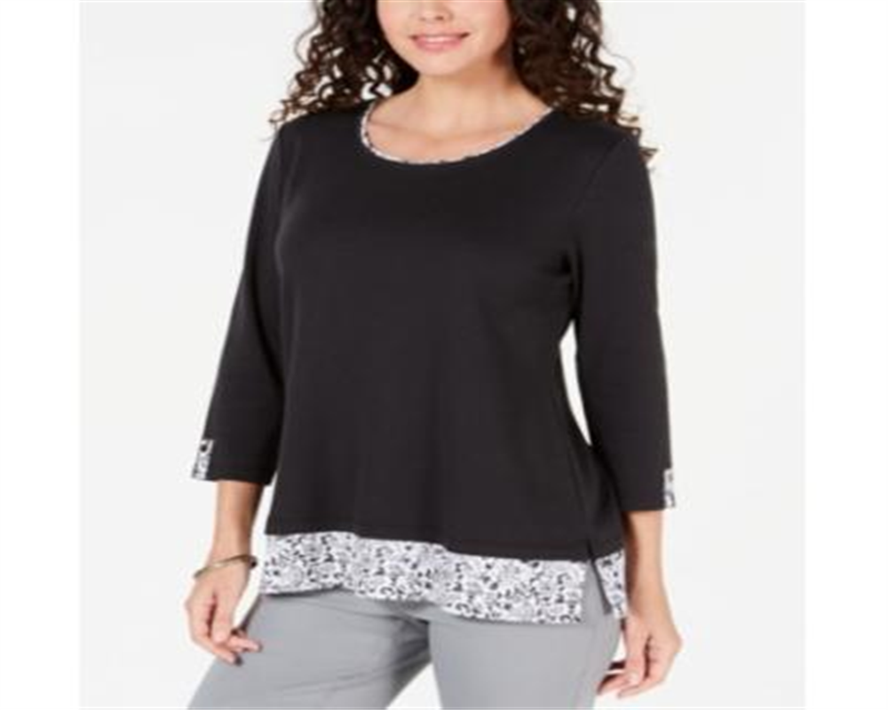 Blusa feminina Karen Scott com acabamento estampado, preta, tamanho pequeno GG