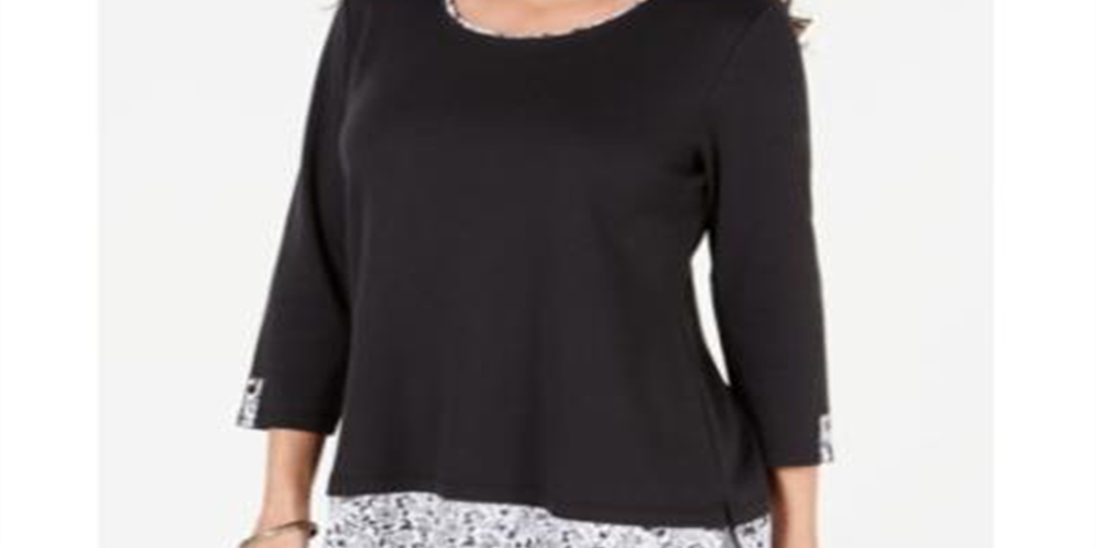 Blusa feminina Karen Scott com acabamento estampado, preta, tamanho pequeno GG