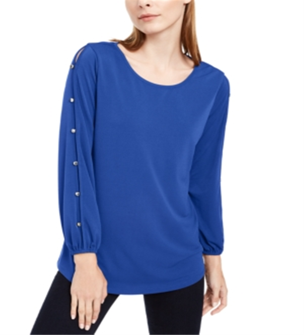 Blusa feminina NY Collection com mangas divididas, azul, tamanho pequeno, médio