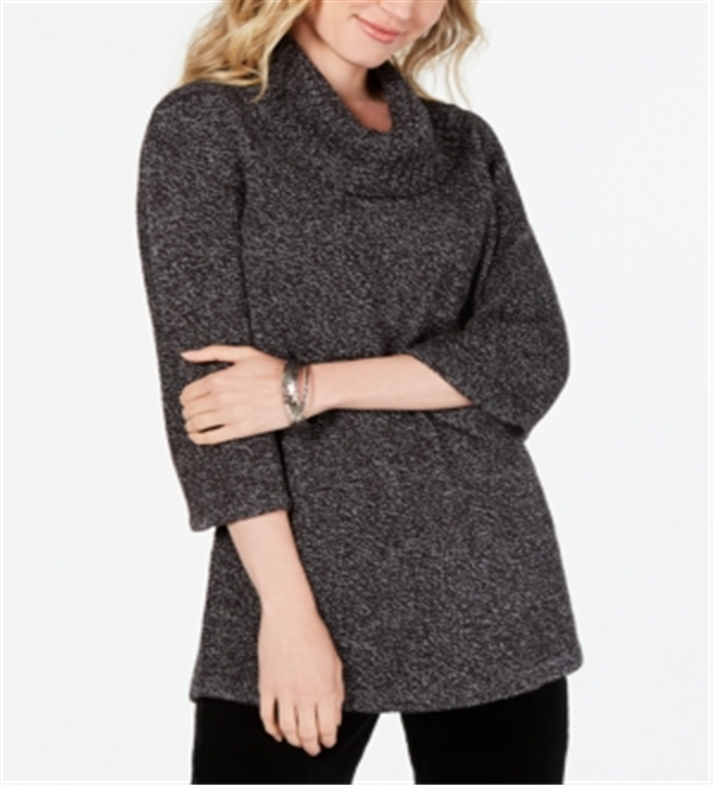 Karen Scott Suéter feminino com gola alta e manga 3/4, preto, tamanho pequeno P