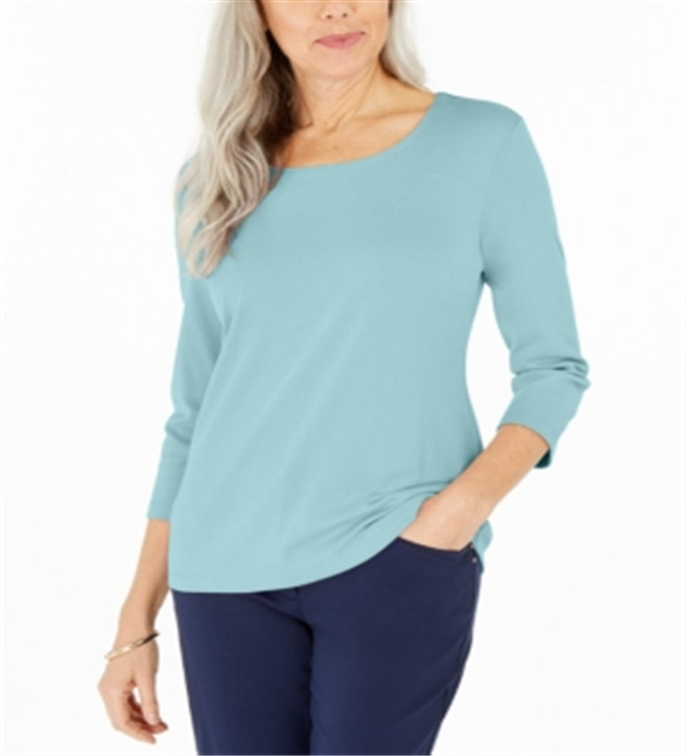 Blusa feminina Karen Scott de algodão com manga 3/4, azul, tamanho X-S