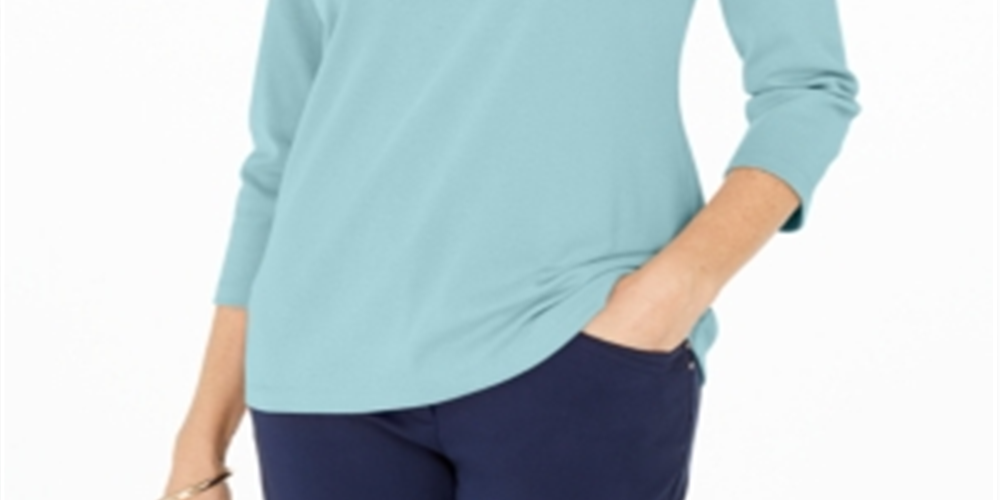 Blusa feminina Karen Scott de algodão com manga 3/4, azul, tamanho X-S
