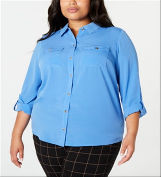 Camisa feminina Charter Club com botões frontais, azul, tamanho 3X