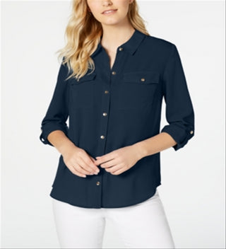 Camisa feminina Charter Club com dois bolsos, azul, tamanho pequeno