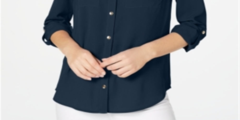 Camisa feminina Charter Club com dois bolsos, azul, tamanho pequeno