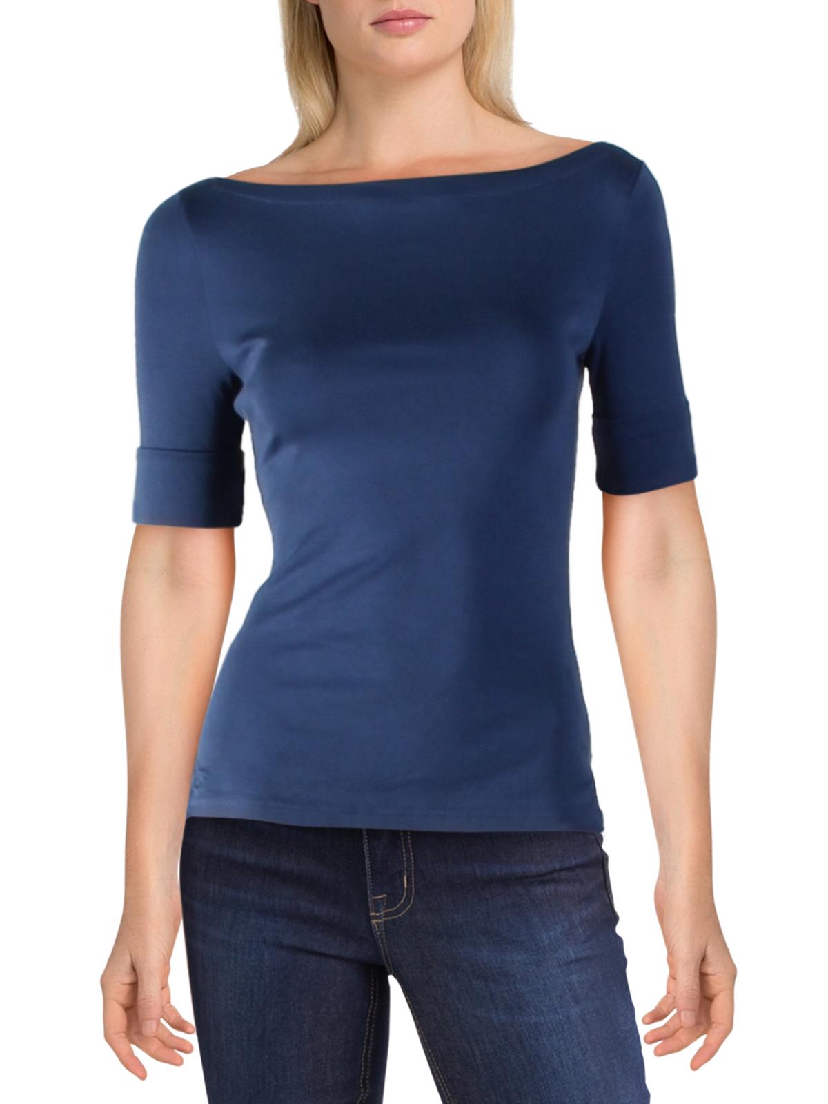 Camiseta Ralph Lauren Feminina Judy Manga Cotovelo Gola Canoa Azul Tamanho Pequeno XS