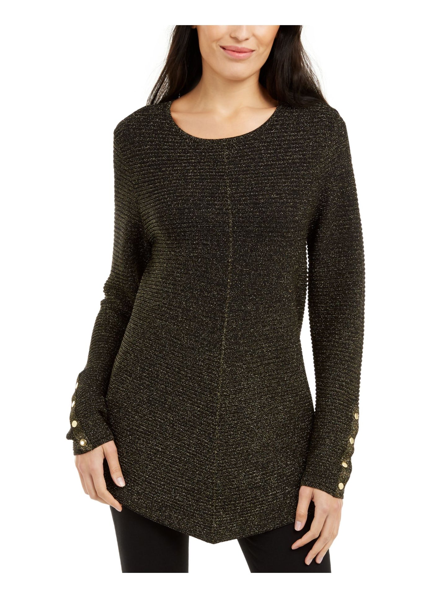 Blusa feminina Alfani com listras e punhos e decote em joia, preta, tamanho pequeno grande