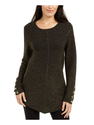 Blusa feminina Alfani com listras e punhos e decote em joia, preta, tamanho pequeno grande