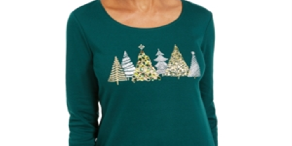 Camisa de manga comprida de Natal feminina Karen Scott, verde, tamanho pequeno, médio
