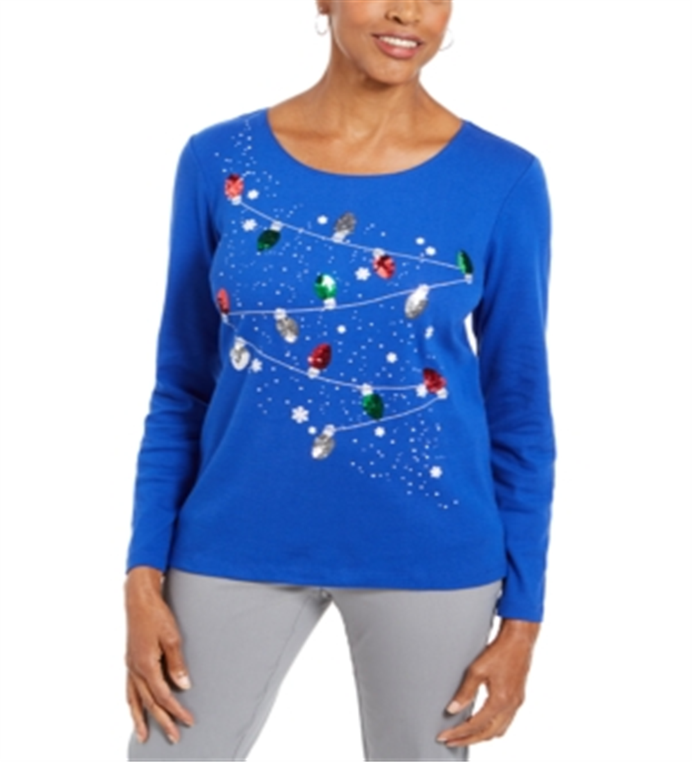 Karen Scott Top de algodão com detalhes femininos, azul, tamanho pequeno P