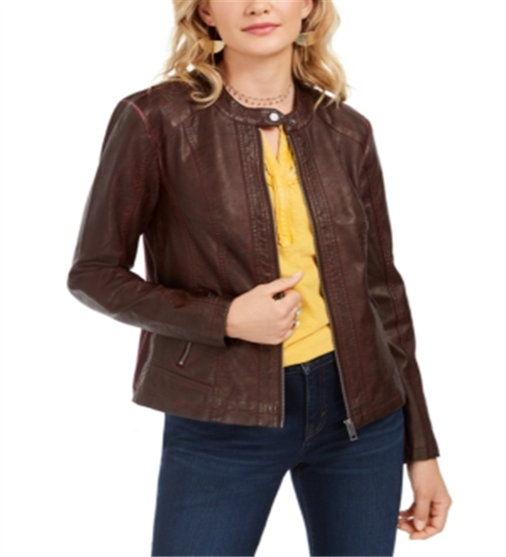 Jaqueta de couro sintético tingida com perfuração Style &amp; Co, tamanho médio, vermelha