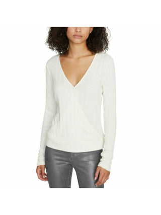 Blusa feminina Sanctuary com decote sobrepeliz e manga comprida canelada, tamanho grande, branca