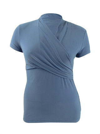 Blusa feminina DKNY com decote sobrepeliz e franzido, azul, tamanho XX-G