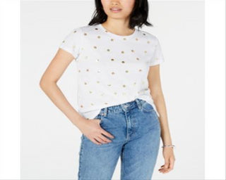 Camiseta feminina de bolinhas metálicas Maison Jules, branca, tamanho médio
