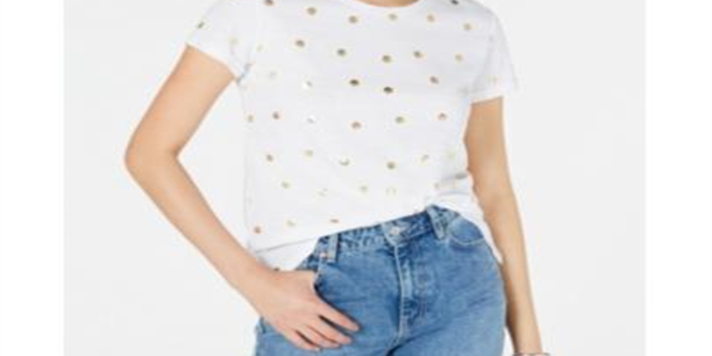 Camiseta feminina de bolinhas metálicas Maison Jules, branca, tamanho médio