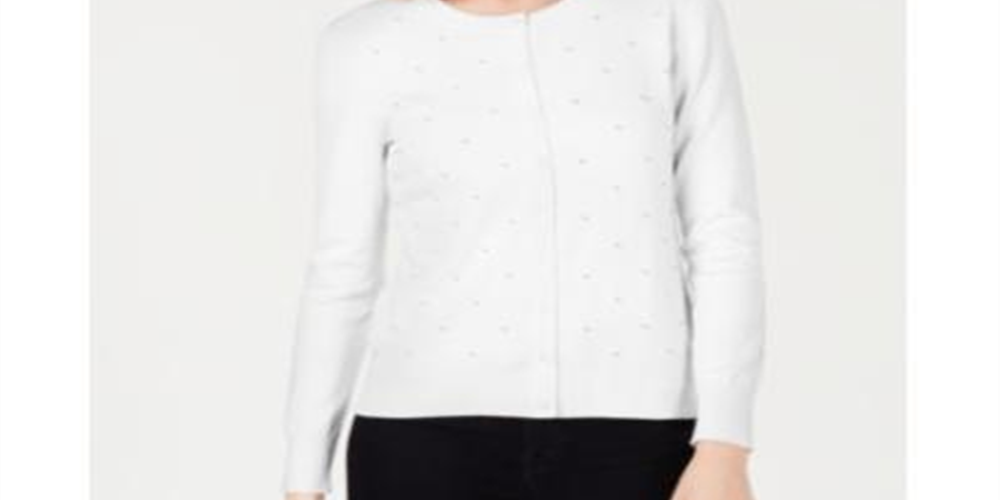 Cardigan feminino com botões e detalhes em pérolas Charter Club, branco, tamanho extragrande