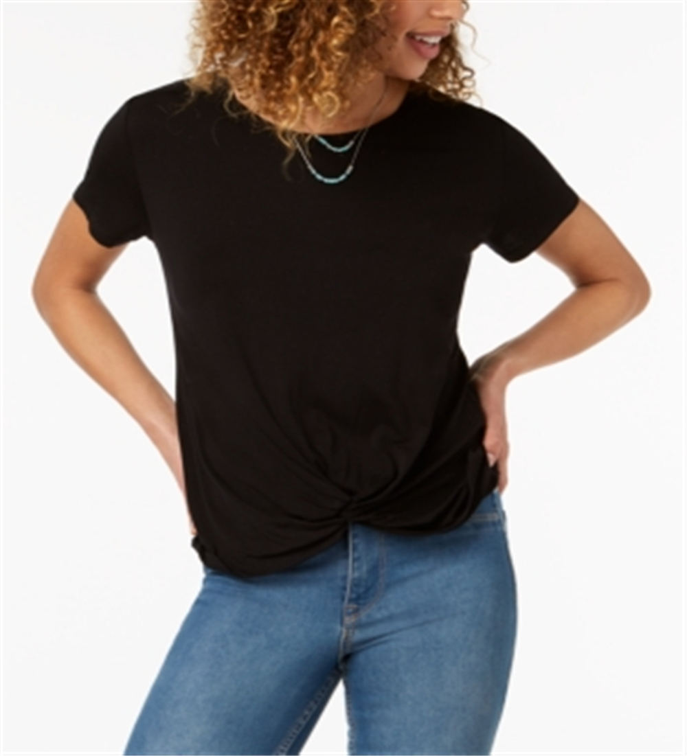 Camiseta feminina estilo &amp; co com bainha torcida alta e baixa, preta, tamanho pequeno