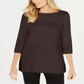 Karen Scott Blusa de malha feminina de algodão com decote canoa e manga 3/4, marrom, tamanho pequeno
