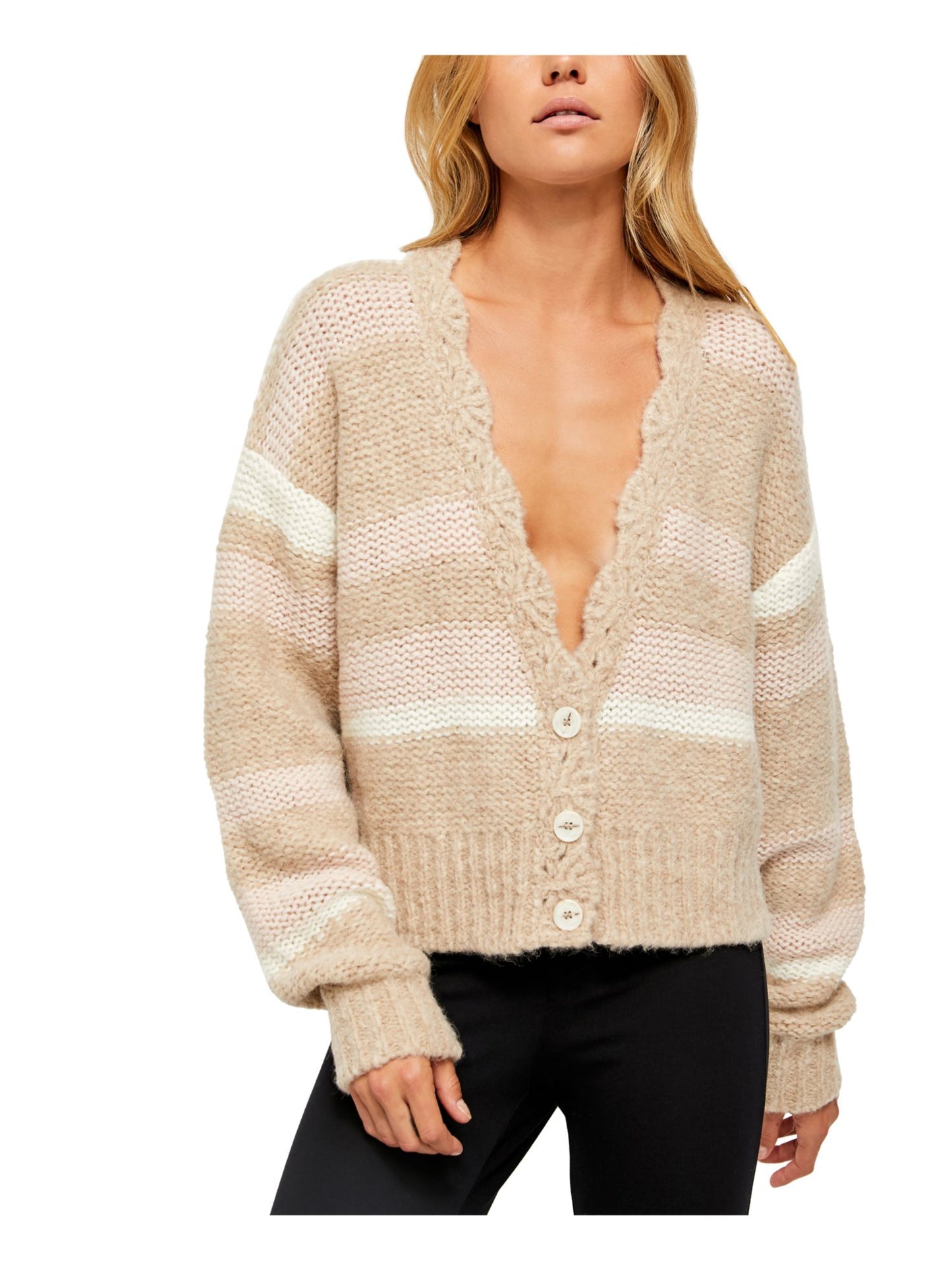 Cardigan feminino listrado com decote em V, bege, tamanho extragrande, da Free People