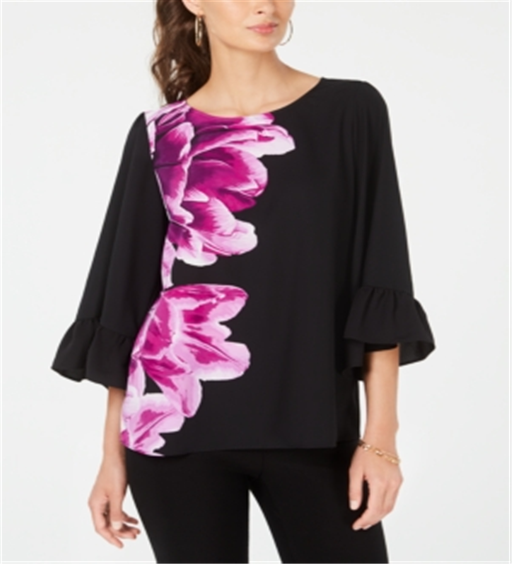 Blusa feminina Alfani com manga sino e estampa floral fúcsia - Preto, tamanho pequeno P