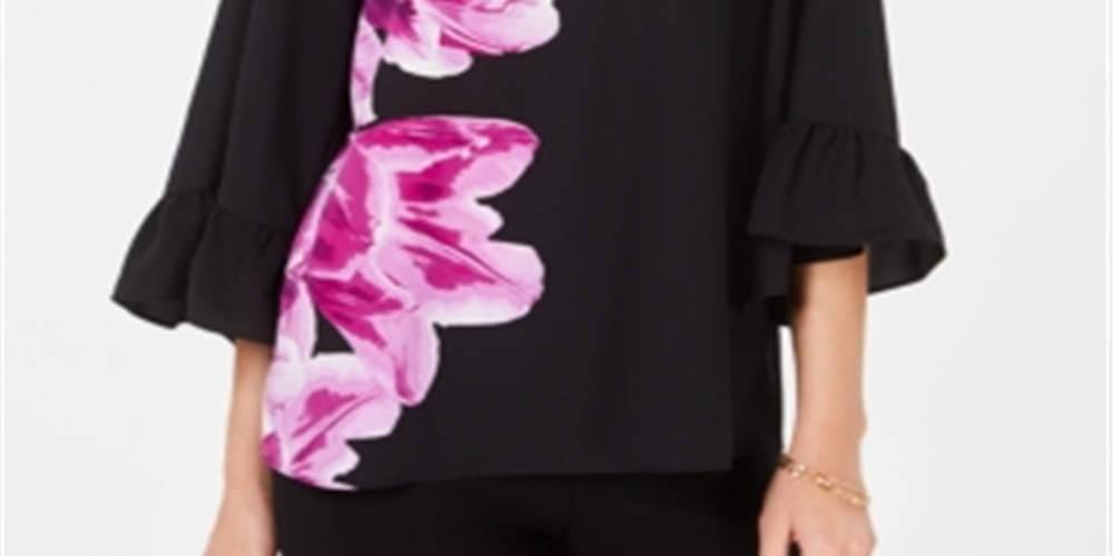 Blusa feminina Alfani com manga sino e estampa floral fúcsia - Preto, tamanho pequeno P