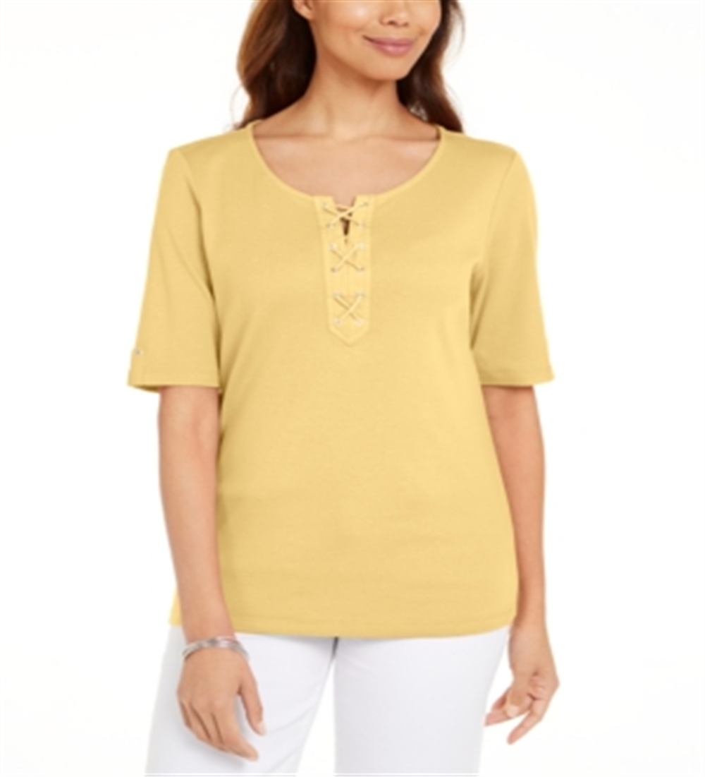 Karen Scott Blusa feminina de algodão com cadarço e manga cotovelo, tamanho pequeno, amarela