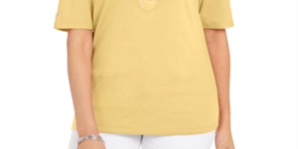 Karen Scott Blusa feminina de algodão com cadarço e manga cotovelo, tamanho pequeno, amarela