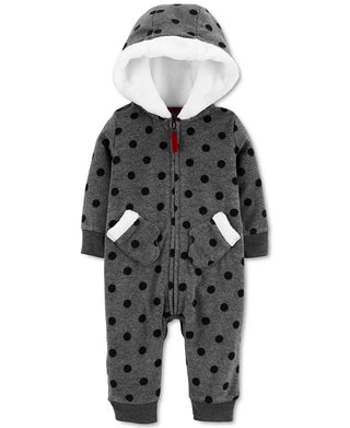 Carter's Girl's Polka Dot Hooded Fleece Playsuit Gray Size 9MOS
