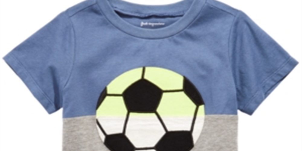 Camiseta infantil First Impressions com estampa de futebol e blocos de cores, azul, tamanho 2T