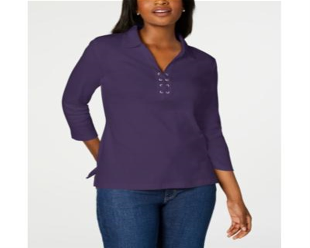 Camisa feminina Karen Scott de algodão com cadarço, roxa, tamanho grande