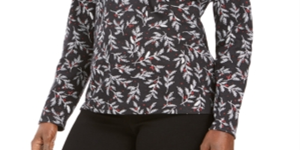 Karen Scott Blusa Feminina Estampada Wheat Fields Gola Simulada Preta Tamanho Pequeno P