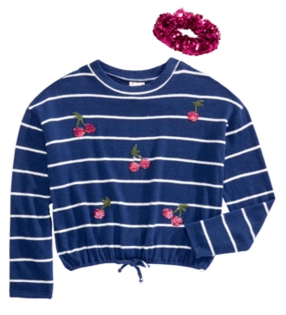 Blusa listrada de lantejoulas cereja Belle Du Jour para menina, azul, tamanho extragrande