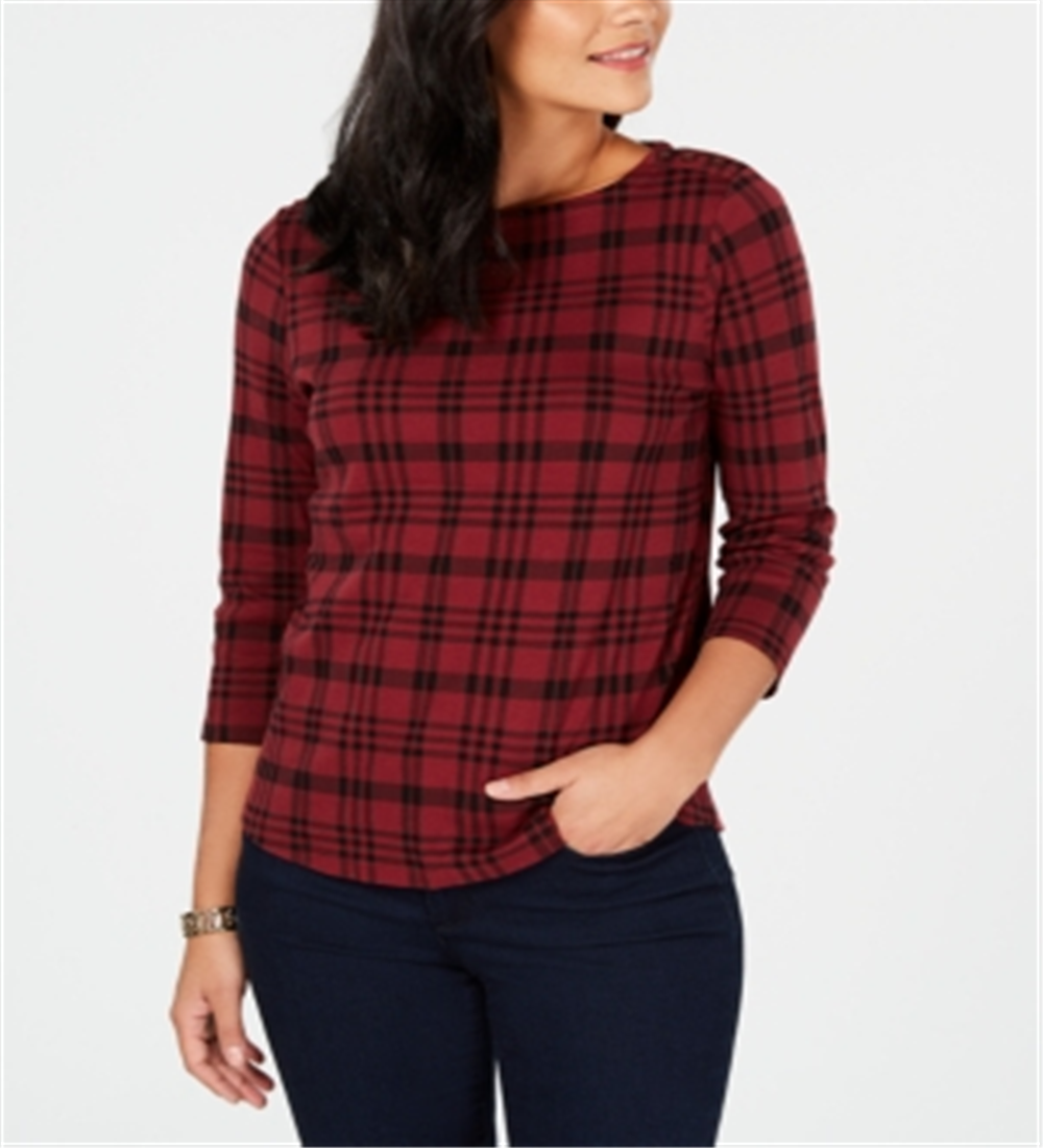 Charter Club Feminino Pima Algodão Botão Ombro Estampado Top Vermelho Tamanho Pequeno XL