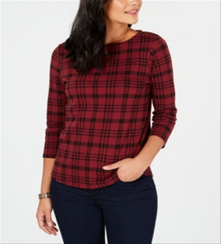 Charter Club Feminino Pima Algodão Botão Ombro Estampado Top Vermelho Tamanho Pequeno XL