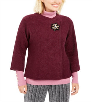 Jaqueta suéter feminina com textura metálica e broche para festa de fim de ano, roxa, tamanho extrapequeno