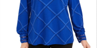 Charter Club Top feminino xadrez com punho bordado, azul, tamanho pequeno GG