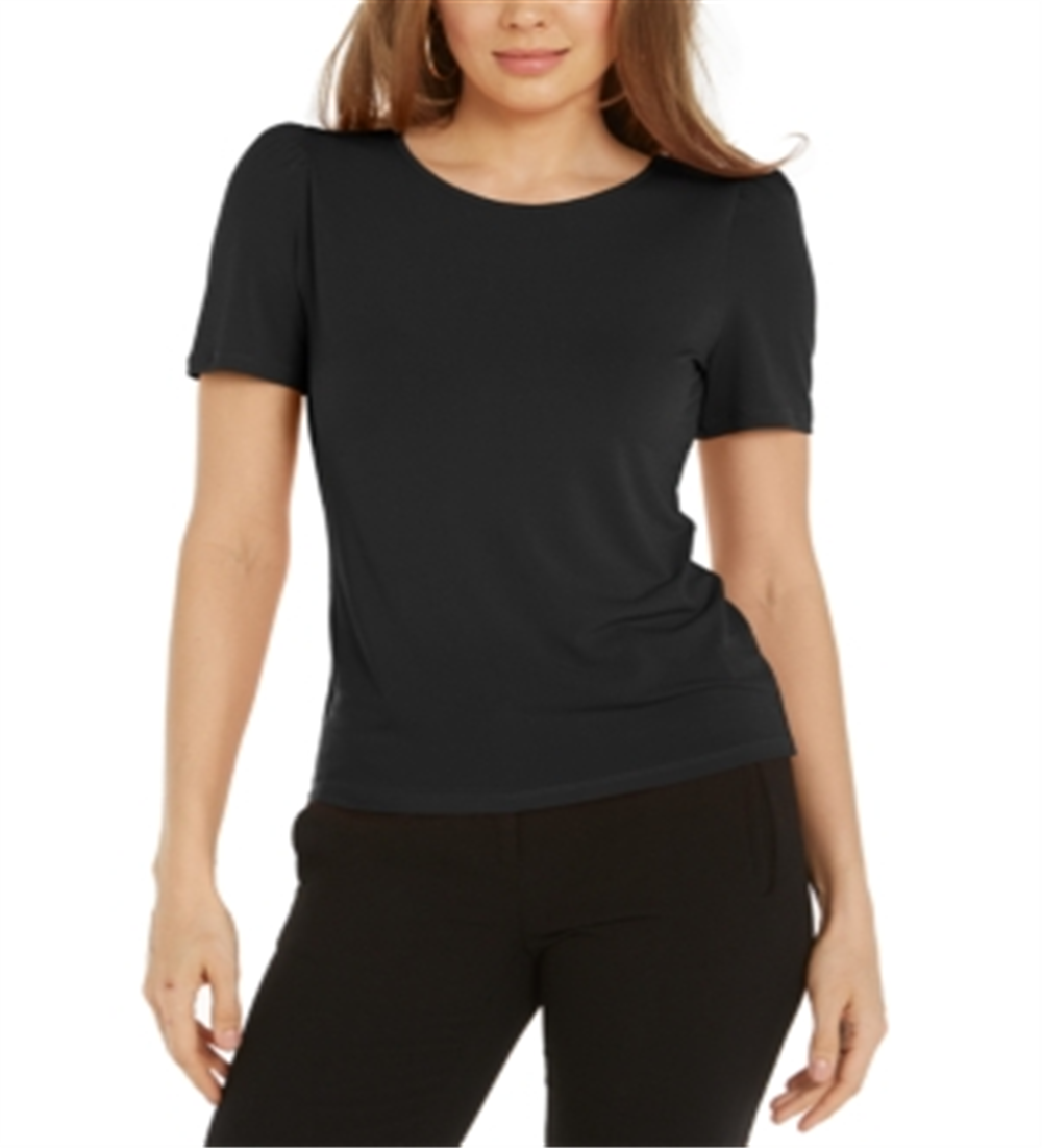 Camiseta feminina Bar III com manga bufante, preta, tamanho médio