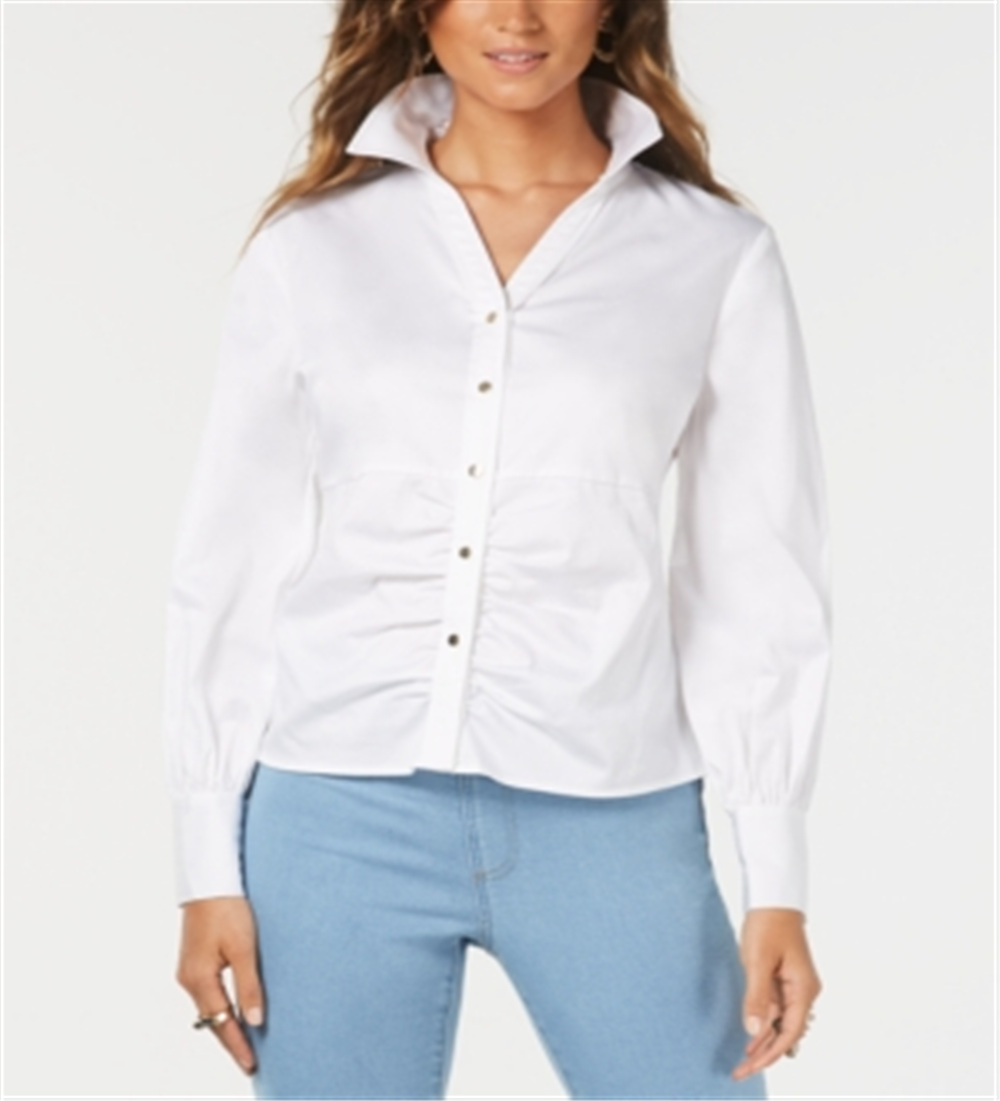 Camisa feminina Thalia Sodi com manga balão franzida, branca, tamanho grande