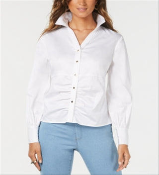 Camisa feminina Thalia Sodi com manga balão franzida, branca, tamanho grande