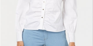 Camisa feminina Thalia Sodi com manga balão franzida, branca, tamanho grande