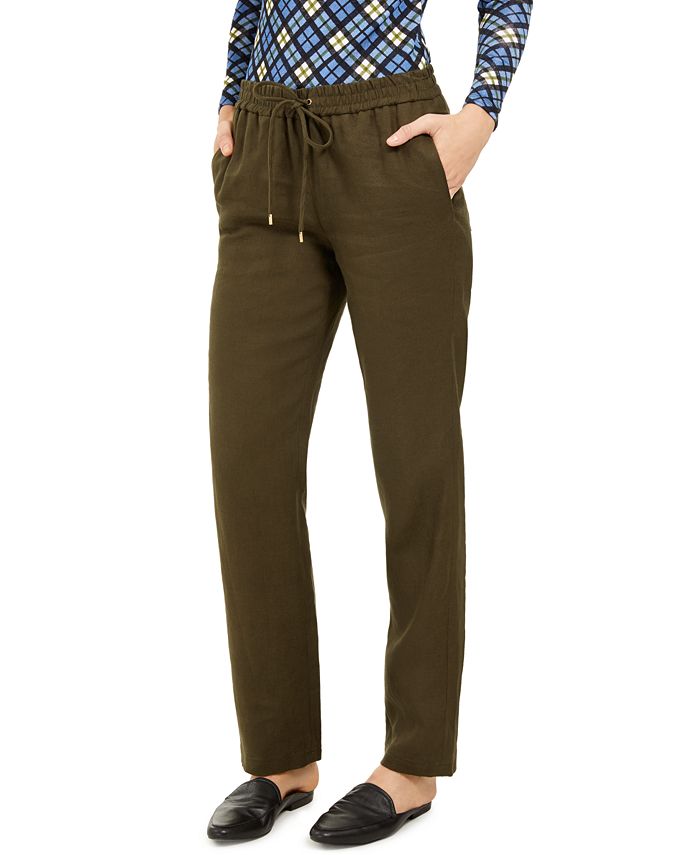 Calça de linho feminina Michael Kors com cordão na cintura, verde oliva, tamanho 0