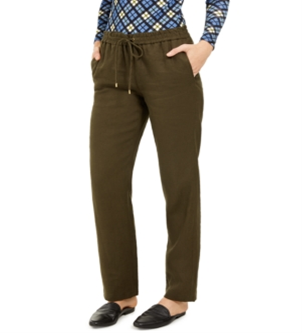 Calça de linho feminina Michael Kors com cordão na cintura, verde oliva, tamanho 0