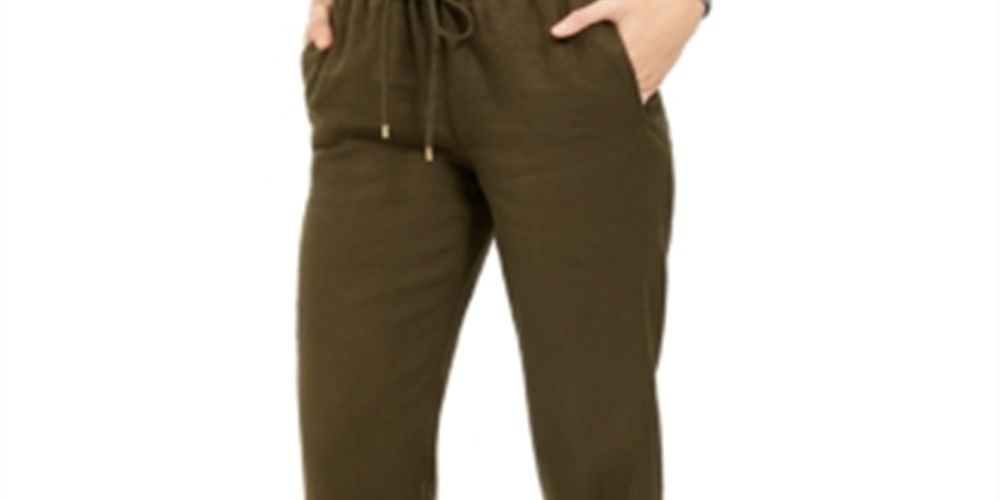 Calça de linho feminina Michael Kors com cordão na cintura, verde oliva, tamanho 0