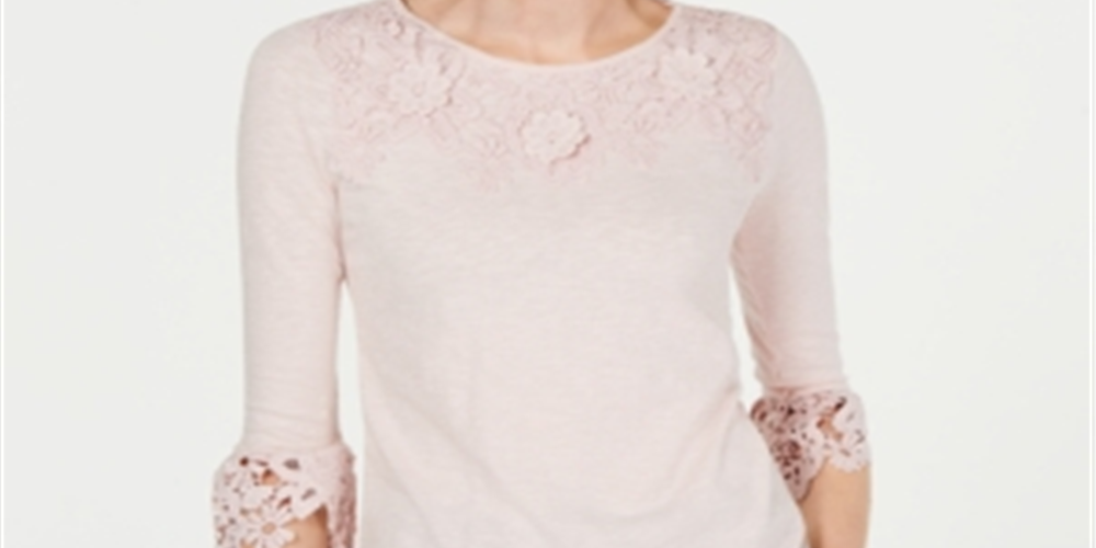 Charter Club Blusa feminina bordada com manga sino, rosa, tamanho pequeno médio