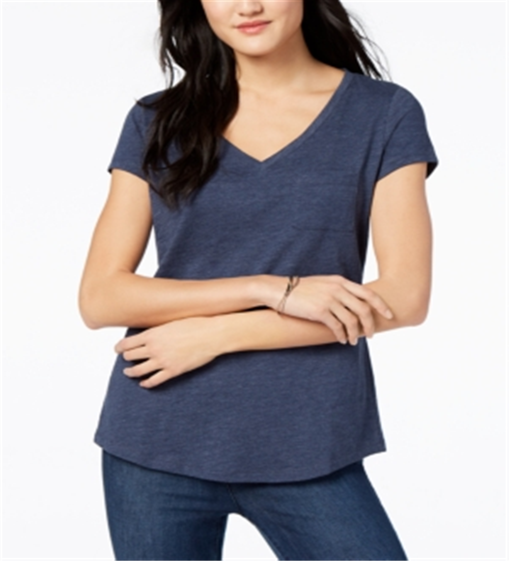 Camiseta feminina Maison Jules com decote em V e bolso aplicado, azul, tamanho P