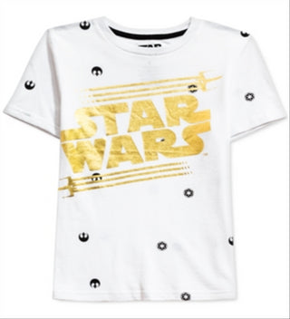 Camiseta infantil Star Wars com logotipo metálico para meninos, branca, tamanho 4