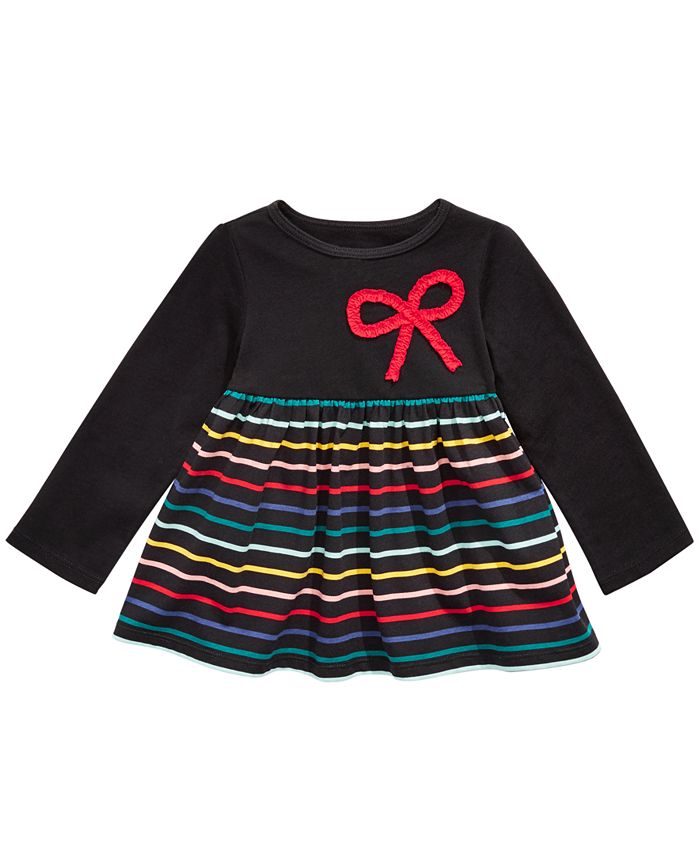 Camiseta túnica listrada com apliques de laço First Impressions para bebê menina, preta, tamanho 3-6 meses