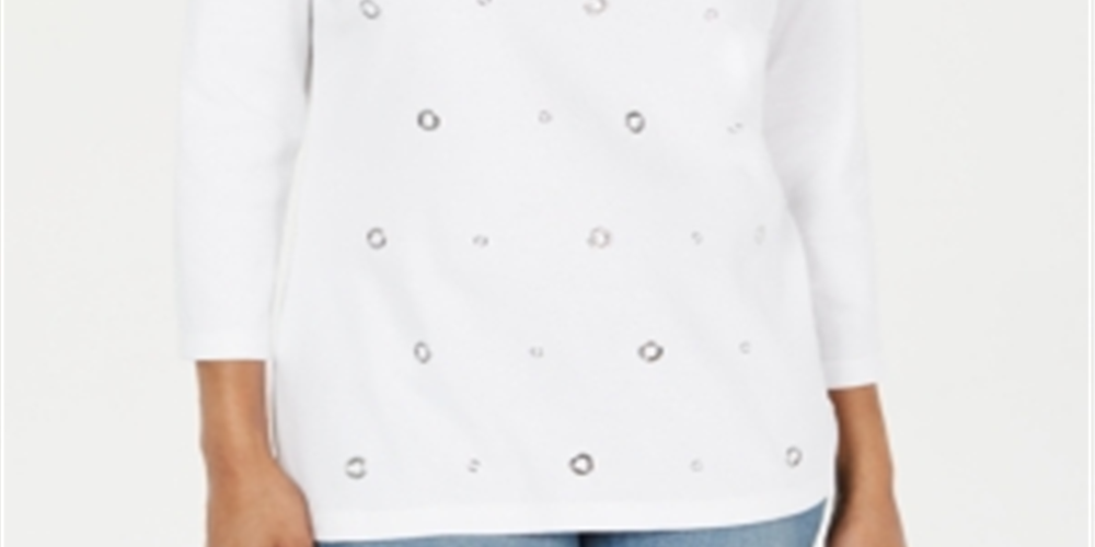 Karen Scott Top Feminino de Algodão com Ilhós e Manga 3/4, Branco, Tamanho Pequeno P